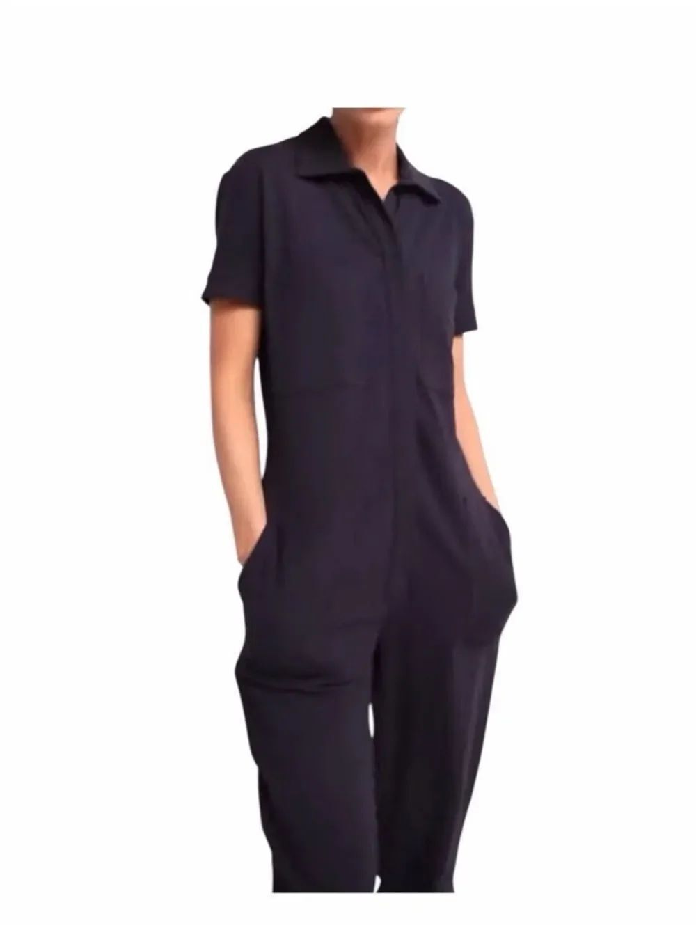 Anatomie Navy Blue Short Sleeve Modal Blend Collared Front Zip Jumpsuit Size S